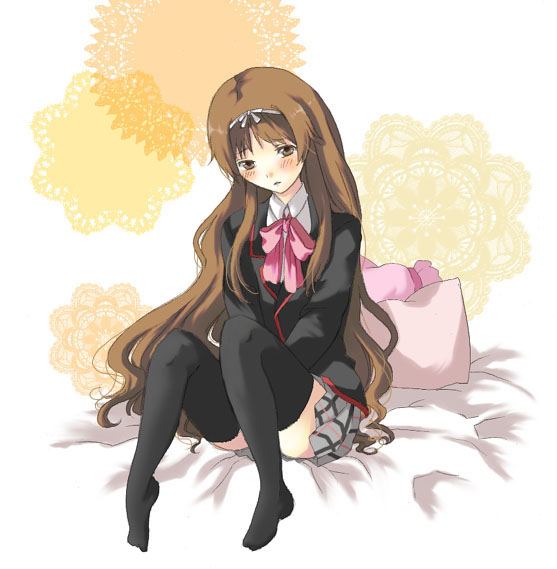 futoshi, todono tumari, naoe riki, little busters!, bad id, bad pixiv id, 1boy, blush, bow, brown eyes, brown hair, crossdressing, crossdressing (mtf), hair ribbon, long hair, male focus, pillow, pink bow, plaid clothes, plaid skirt, ribbon, school uniform, skirt, solo, thighhighs, trap