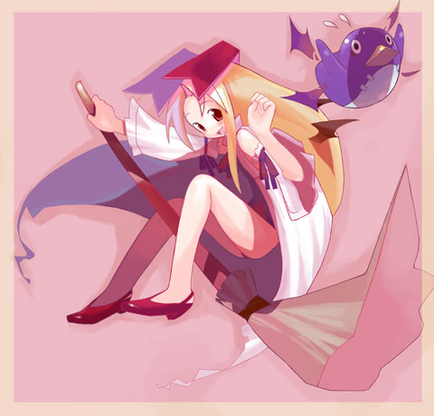 flonne, flonne (fallen angel), prinny, disgaea, nippon ichi, lowres, 1girl, bare legs, broom, broom riding, full body, hair ribbon, hat, long hair, looking at viewer, looking back, monster, pink background, red eyes, ribbon, simple background, sitting, very long hair