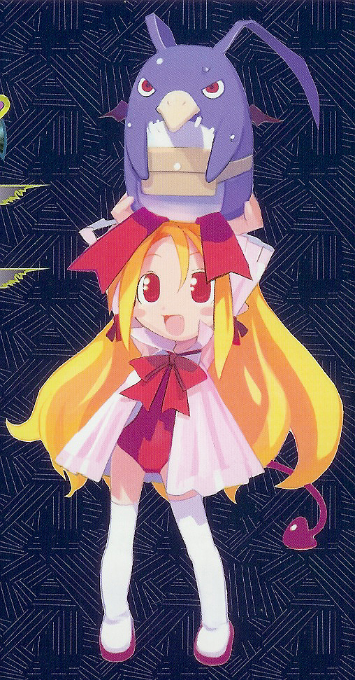 flonne, flonne (fallen angel), laharl, laharl (prinny), prinny, disgaea, nippon ichi, jpeg artifacts, 1girl, :d, arms up, beak, blonde hair, blush, creature, elbow gloves, full body, gloves, leotard, long hair, looking at viewer, open mouth, red eyes, red gloves, red leotard, smile, standing, tareme, thighhighs, very long hair