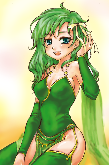 kazabuki poni, rydia (adult) (ff4), rydia (ff4), final fantasy, final fantasy iv, bad id, bad pixiv id, 1990s (style), 1girl, aged up, blush, breasts, cleavage, dress, female focus, gradient background, green eyes, green hair, hair ribbon, leotard, long hair, matching hair/eyes, medium breasts, retro artstyle, ribbon, smile, solo, thighhighs