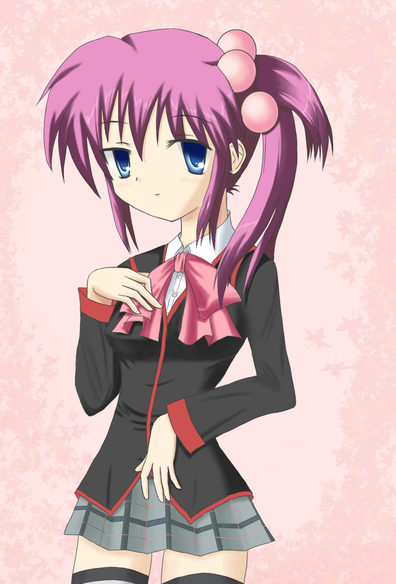 fujimiyabi, saigusa haruka, little busters!, bad id, bad pixiv id, highres, 1girl, blue eyes, bow, female focus, hair ornament, long hair, pink bow, pink hair, plaid clothes, plaid skirt, ponytail, purple hair, school uniform, side ponytail, skirt, solo, striped clothes, striped thighhighs, thighhighs