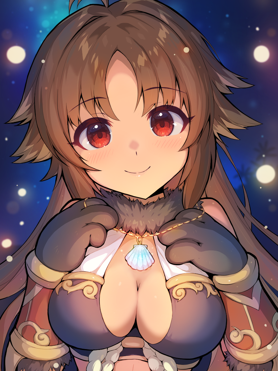 coba (coba xp), kaori (princess connect!), princess connect!, highres, 1girl, ahoge, animal ears, animal hands, blush, breasts, brown hair, cleavage, dog ears, dog girl, gloves, jewelry, long hair, looking at viewer, medium breasts, necklace, paw gloves, red eyes, smile, solo, upper body, very long hair