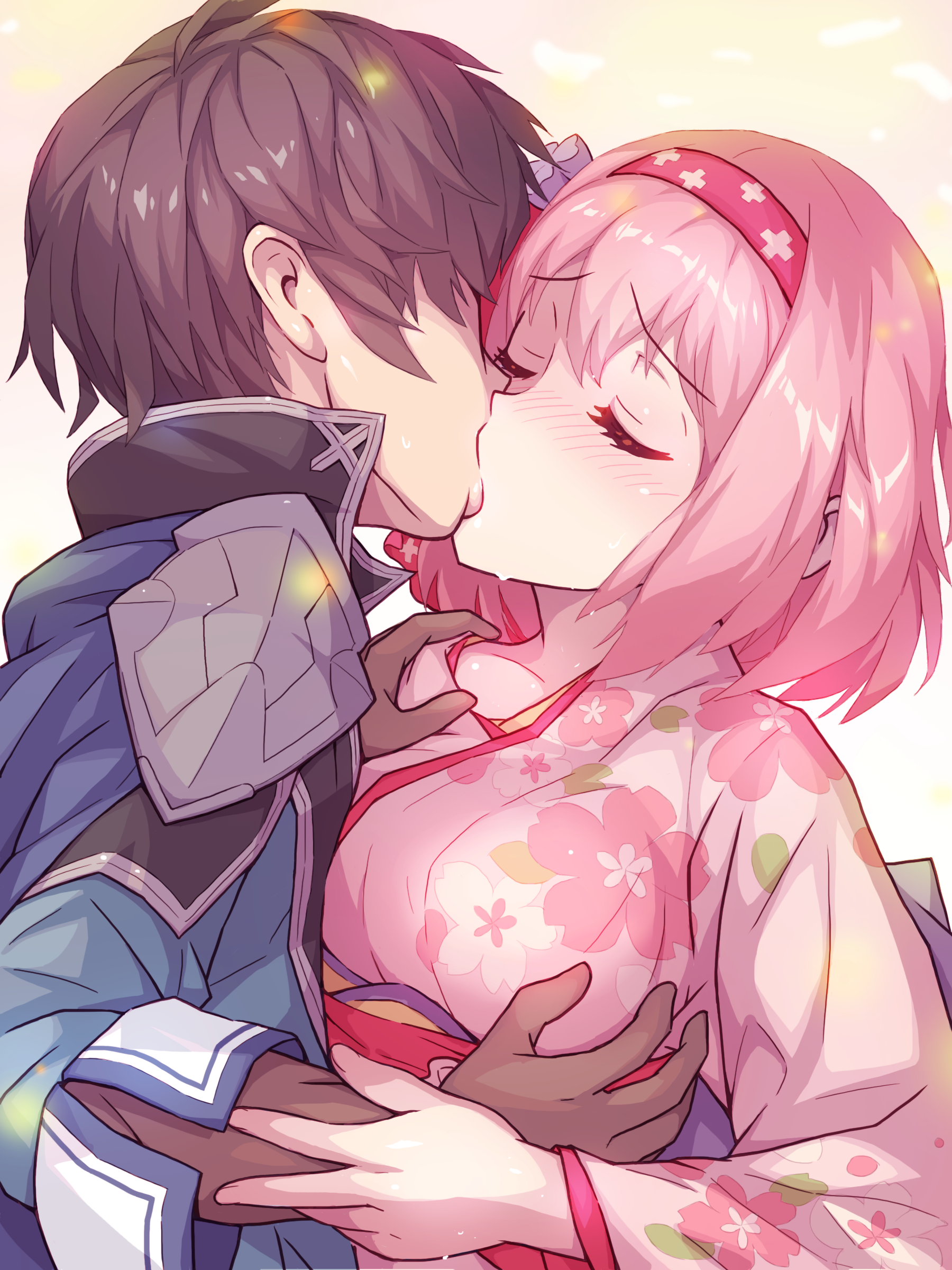 coba (coba xp), yui (new year) (princess connect!), yui (princess connect!), yuuki (princess connect!), princess connect!, absurdres, highres, 1boy, 1girl, armor, black hair, blush, breasts, brown gloves, cape, closed eyes, floral print, gloves, hetero, japanese clothes, kimono, kiss, medium breasts, official alternate costume, pink hair, pink kimono, print kimono, short hair, shoulder armor, sweat