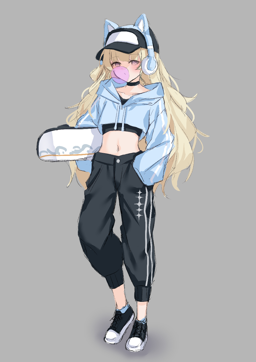 kuramoto beta-carotene, phoebe (wuthering waves), wuthering waves, commentary request, highres, 1girl, alternate costume, animal ear headphones, animal ears, baseball cap, black choker, black hat, black pants, black shirt, black shoes, blonde hair, blowing bubble gum, blue hoodie, cat ear headphones, cat ears, chewing gum, choker, collarbone, crop top, cropped hoodie, fake animal ears, full body, grey background, hand in pocket, hat, headphones, holding, holding skateboard, hood, hood down, hoodie, long hair, looking at viewer, midriff, navel, pants, purple eyes, shirt, shoes, simple background, skateboard, solo, standing, tacet mark (wuthering waves), very long hair