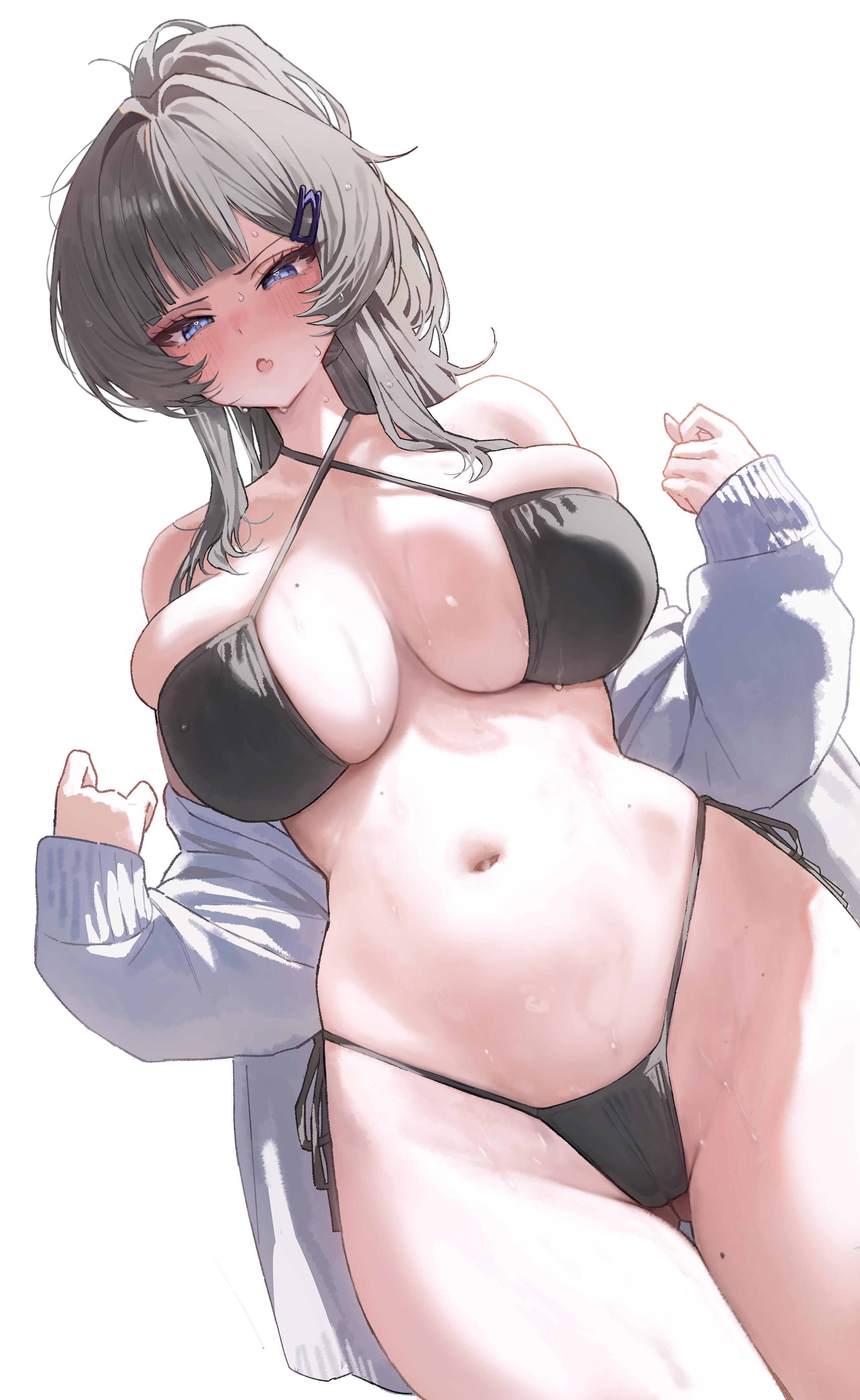 mochirong, original, absurdres, commentary, highres, symbol-only commentary, 1girl, :o, bare shoulders, bikini, black bikini, blue eyes, blush, breasts, grey hair, hair ornament, hairclip, hands up, large breasts, long hair, long sleeves, looking at viewer, navel, off shoulder, open mouth, side-tie bikini bottom, simple background, solo, stomach, sweat, swimsuit, thighs, white background