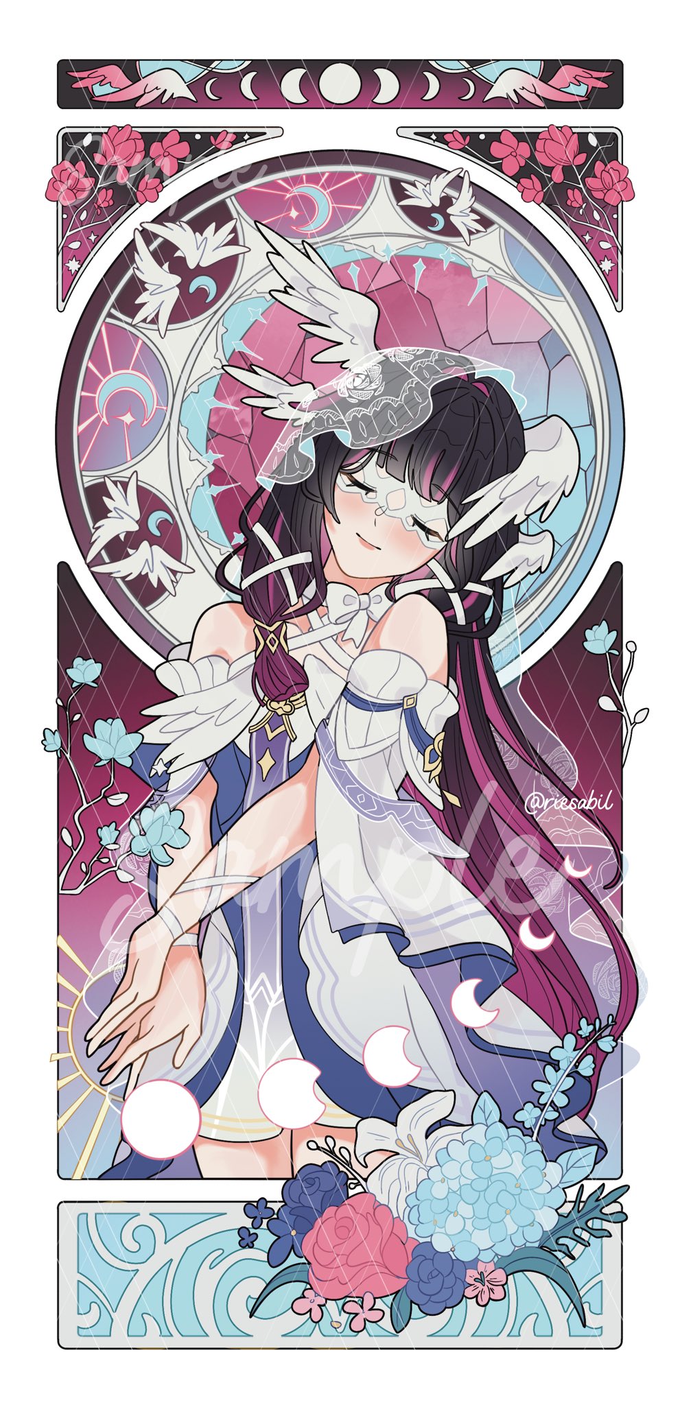 rie.sabilsd, columbina (genshin impact), genshin impact, highres, 1girl, art nouveau, bare shoulders, black hair, blue flower, closed eyes, cowboy shot, crescent, dress, eye mask, flower, head tilt, head wings, long hair, multicolored hair, pink flower, purple flower, purple hair, smile, solo, vial, white dress, white flower, wings
