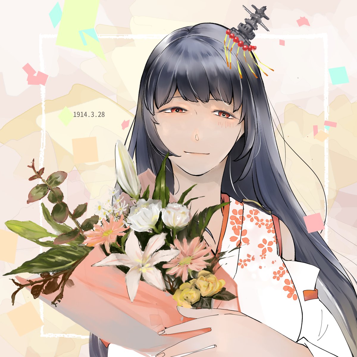 2 (f211m289), fusou (kancolle), kantai collection, commentary request, highres, 1girl, :|, black hair, bouquet, closed mouth, dated, detached sleeves, floral print, flower, headgear, holding, holding bouquet, japanese clothes, kimono, long hair, nontraditional miko, red eyes, smile, solo, upper body, white kimono
