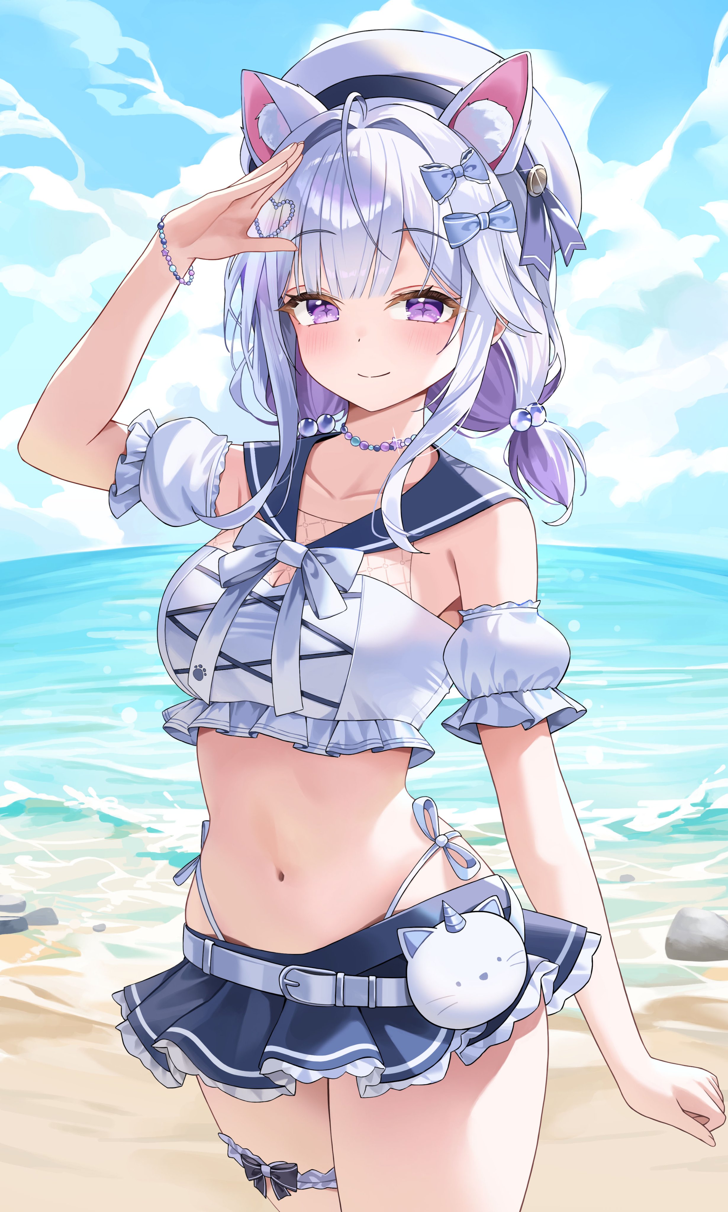 muru (muru zi), ayatsuno yuni, stellive, absurdres, hashtag-only commentary, highres, 1girl, ahoge, animal ears, arm up, bare shoulders, bead bracelet, beads, belt, bikini, black sailor collar, black skirt, bracelet, breasts, cat ears, cleavage, closed mouth, cowboy shot, day, detached sleeves, hat, highleg, jewelry, large breasts, long hair, looking at viewer, midriff, miniskirt, multicolored hair, navel, necklace, outdoors, purple hair, sailor bikini, sailor collar, salute, short twintails, side-tie bikini bottom, skirt, smile, solo, stomach, string bikini, swimsuit, symbol-shaped pupils, twintails, two-tone hair, virtual youtuber, white hair, white hat