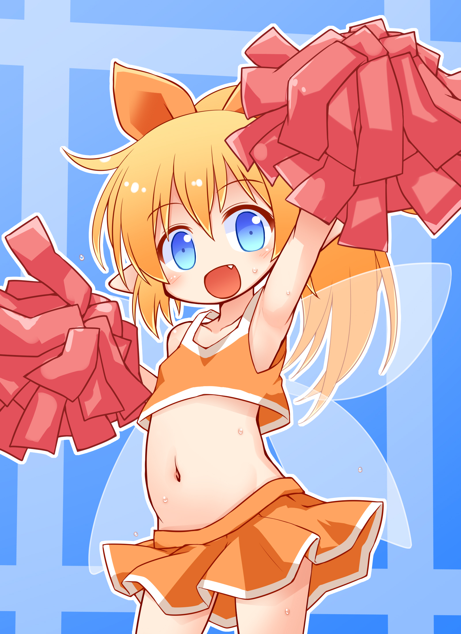 kso, original, highres, variant set, 1girl, :d, arm up, blonde hair, blue background, blue eyes, breasts, cheerleader, crop top, crop top overhang, cropped shirt, fairy wings, fang, hand up, holding, holding pom poms, long hair, looking at viewer, midriff, miniskirt, navel, open mouth, orange shirt, orange skirt, pleated skirt, pointy ears, pom pom (cheerleading), pom poms, ponytail, shirt, skirt, sleeveless, sleeveless shirt, small breasts, smile, solo, transparent wings, wings
