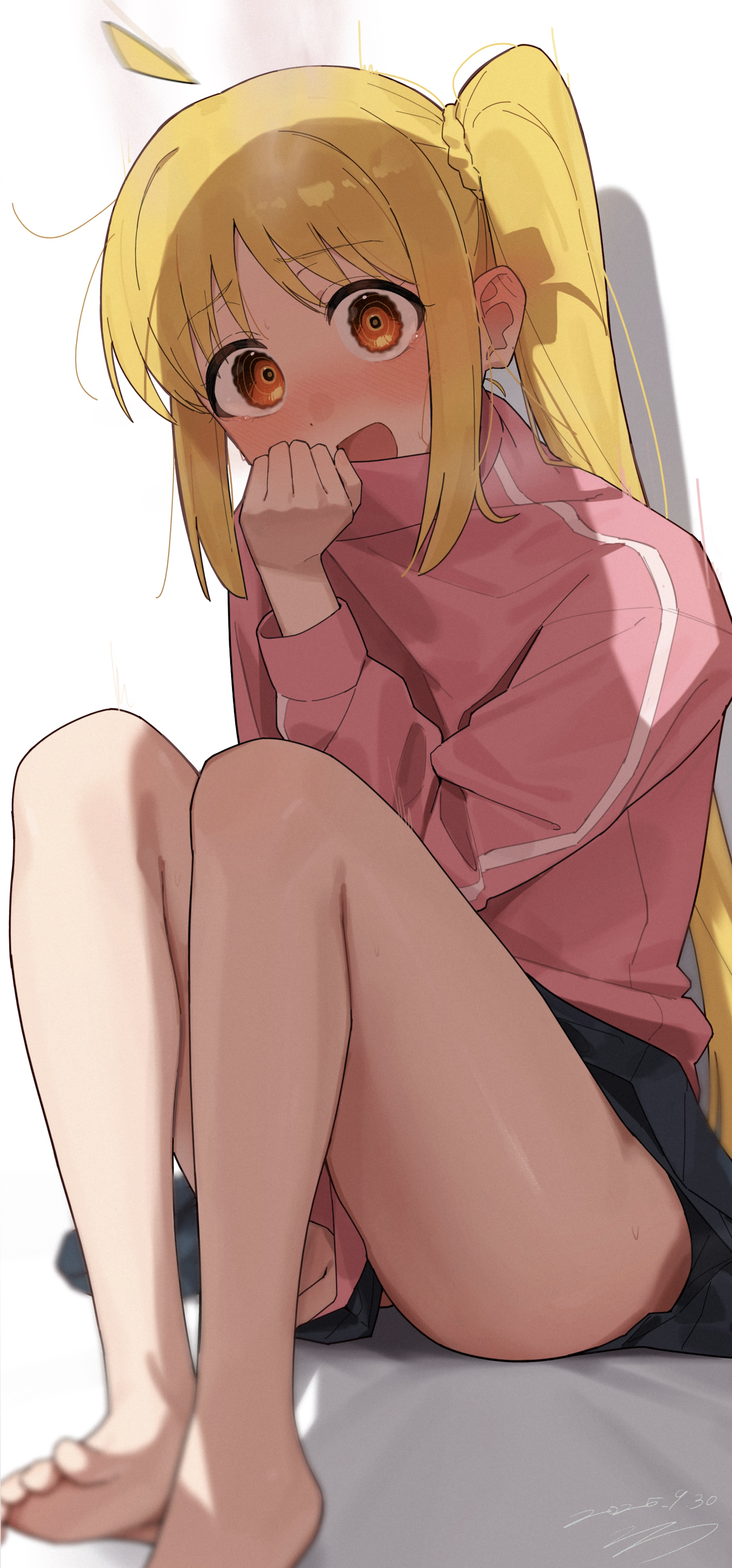seisyuntarotto, gotoh hitori, ijichi nijika, bocchi the rock!, absurdres, commentary, highres, 1girl, ahoge, barefoot, black skirt, blonde hair, blush, cosplay, dated, detached ahoge, feet, full body, gotoh hitori (cosplay), jacket, knees up, long hair, long sleeves, looking at viewer, nose blush, open mouth, pink jacket, pleated skirt, red eyes, side ponytail, sidelocks, signature, sitting, skirt, solo, track jacket, white background