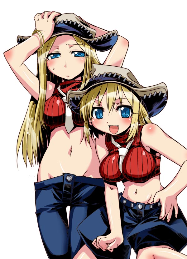 tokita monta, elizabeth thompson, patricia thompson, soul eater, 00s, 2girls, bare shoulders, blonde hair, blue eyes, breast envy, breasts, groin, hat, long hair, midriff, multiple girls, navel, necktie, short hair, siblings, sisters, sleeveless, sleeveless turtleneck, turtleneck