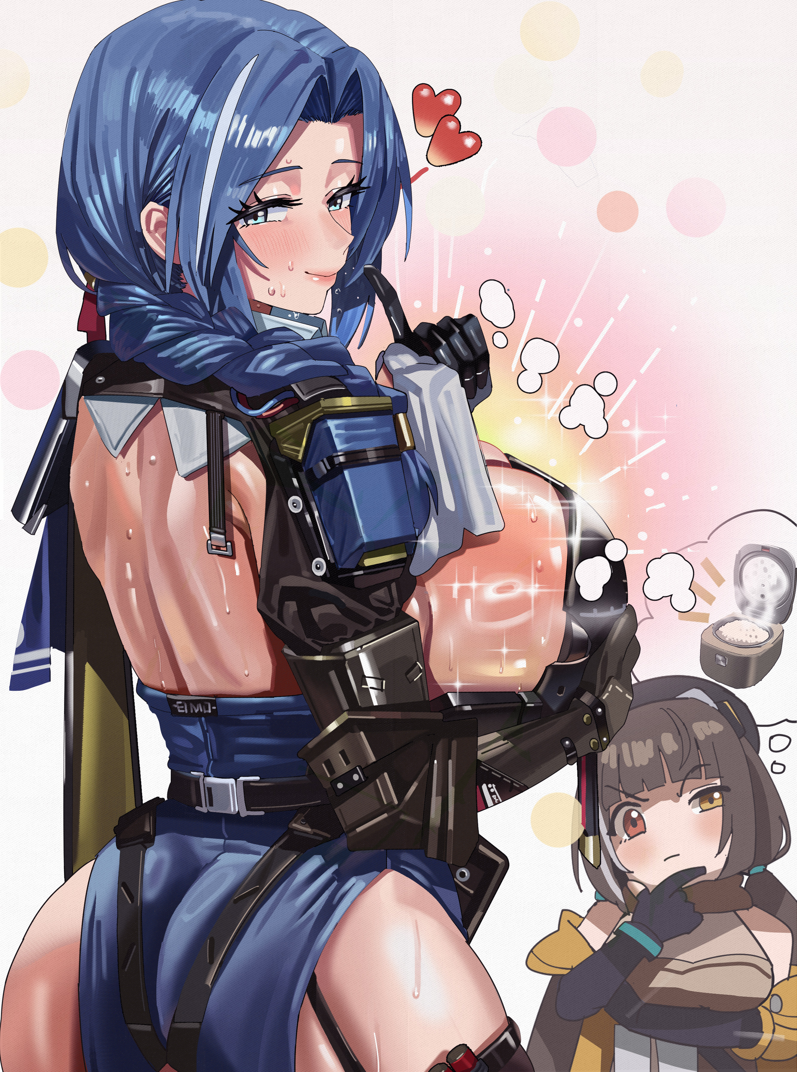feipin zhanshi, dp-12 (girls' frontline), helen (girls' frontline 2), ro635 (girls' frontline), robella (girls' frontline 2), girls' frontline, girls' frontline 2: exilium, absurdres, highres, 2girls, black gloves, black hair, black hat, blunt bangs, blush, braid, braided ponytail, breasts, closed mouth, gloves, green eyes, hand on own chin, hat, heart, heterochromia, huge breasts, long hair, looking at viewer, looking back, multiple girls, raised eyebrows, red eyes, rice cooker, smile, solo focus, sparkle, speech bubble, sweat, thought bubble, yellow eyes