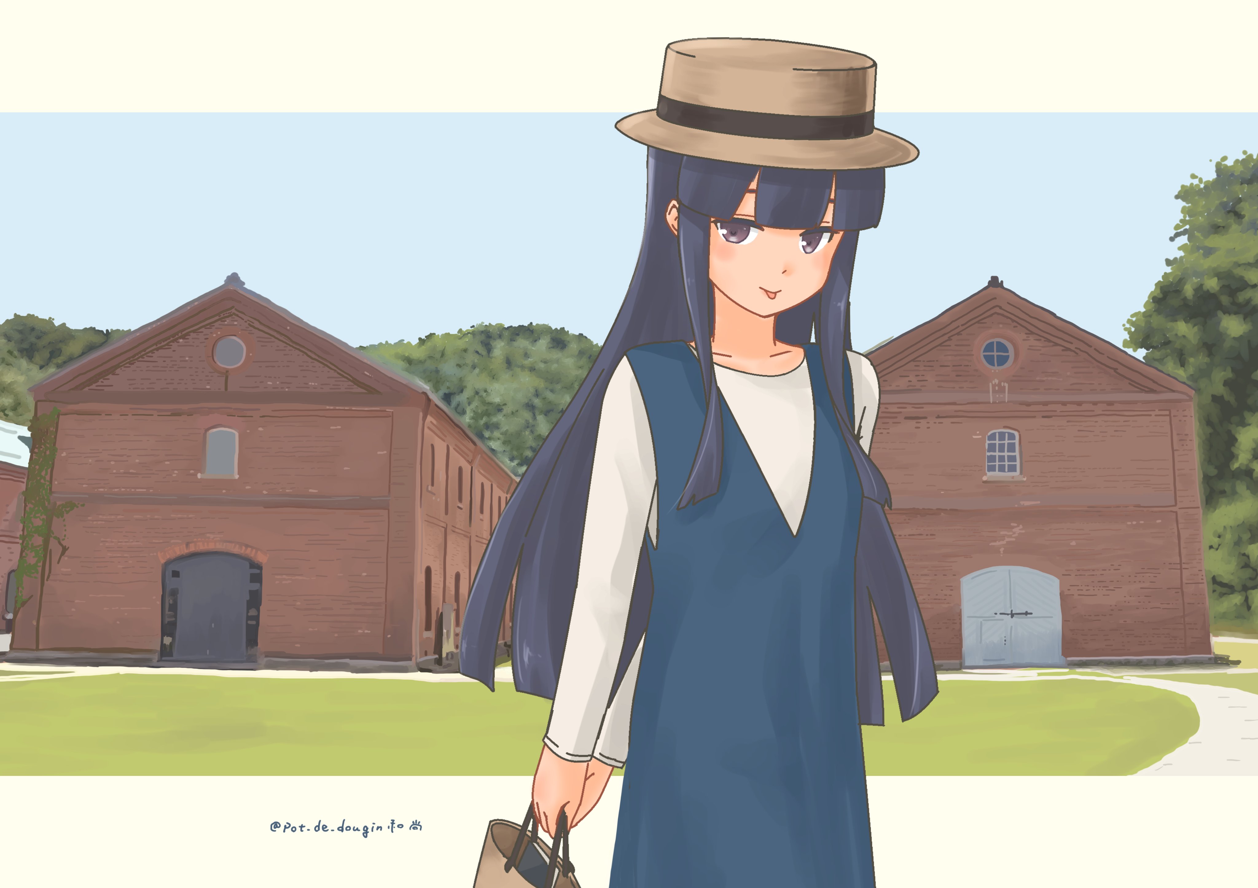 pot-de, hatsuyuki (kancolle), hatsuyuki (maizuru 2024) (kancolle), kantai collection, absurdres, highres, 1girl, bag, black hair, blue dress, blunt bangs, boater hat, brown eyes, brown hat, building, dress, fedora, hat, long hair, long sleeves, looking at viewer, maizuru (city), official alternate costume, shirt, simple background, solo, white background, white shirt