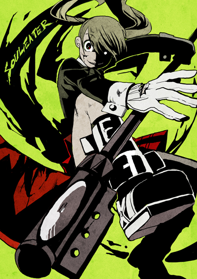 maka albarn, soul eater, 00s, crazy eyes, plaid clothes, plaid skirt, scythe, skirt, solo, twintails