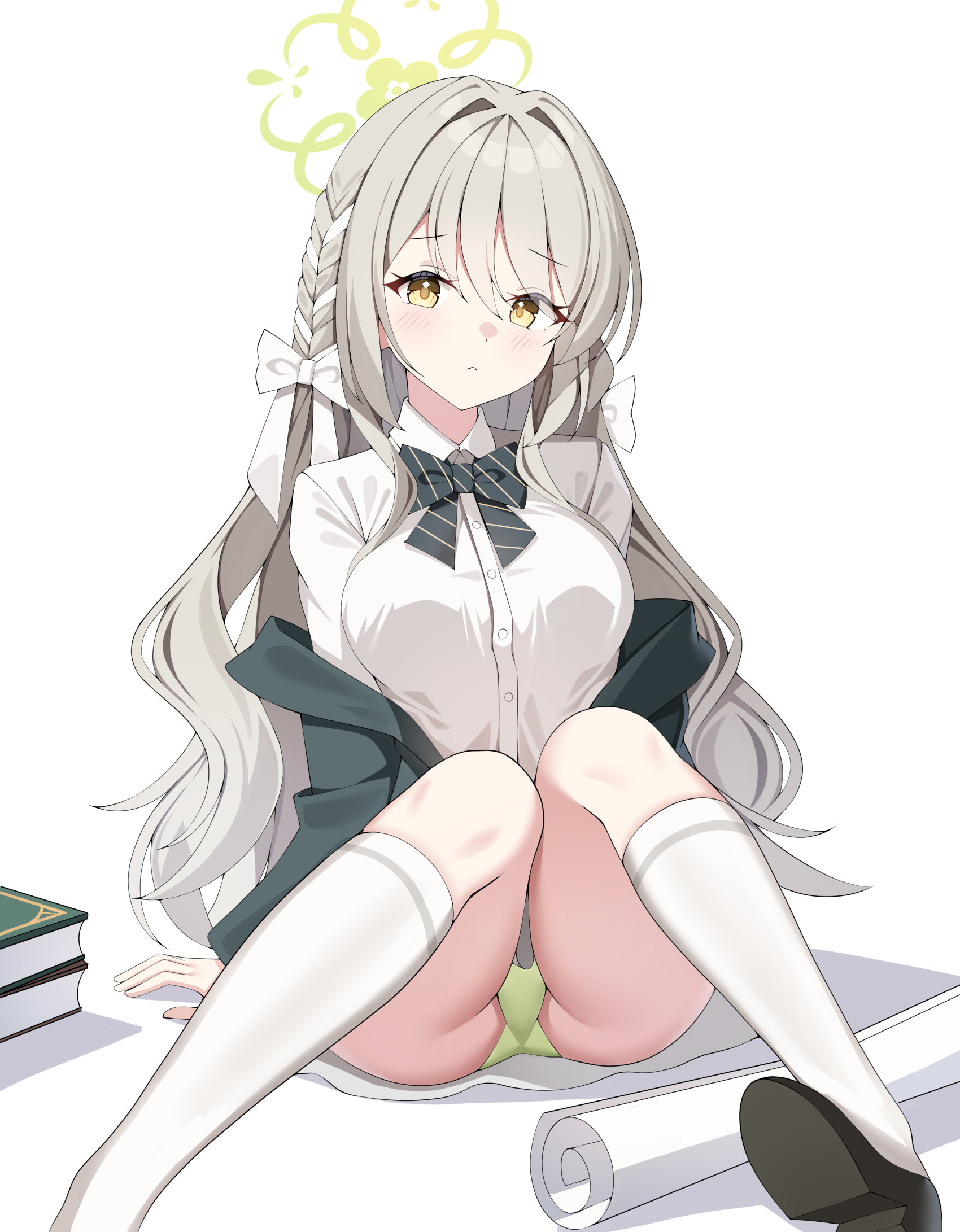 sob (submar1089), miyo (blue archive), blue archive, commentary, highres, 1girl, black shoes, blazer, blush, bow, bowtie, braid, breasts, closed mouth, collared shirt, diagonal-striped bow, diagonal-striped bowtie, diagonal-striped clothes, green bow, green bowtie, green halo, green jacket, green panties, grey hair, hair bow, halo, jacket, kneehighs, large breasts, long hair, long sleeves, looking at viewer, panties, school swimsuit, shirt, shoes, simple background, sitting, socks, solo, striped bow, striped bowtie, striped clothes, swimsuit, underwear, wavy hair, white background, white bow, white shirt, white socks, yellow eyes