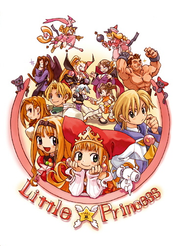 myao, nomura ryouji, akujou (marl kingdom), cello (marl kingdom), crea rosenqueen, crowdia, fonfon (marl kingdom), gao (marl kingdom), ledgem (marl kingdom), marjoly, nyanko (marl kingdom), princess kururu, randy (marl kingdom), ranran (marl kingdom), sonia (marl kingdom), little princess, marl kingdom, nippon ichi, lowres, official art, 3boys, 6+girls, angry, blonde hair, brown hair, cat, closed eyes, crown, curly hair, dress, everyone, green eyes, grey hair, happy, hat, jewelry, long hair, multiple boys, multiple girls, purple eyes, short hair, smile, sword, weapon, wings