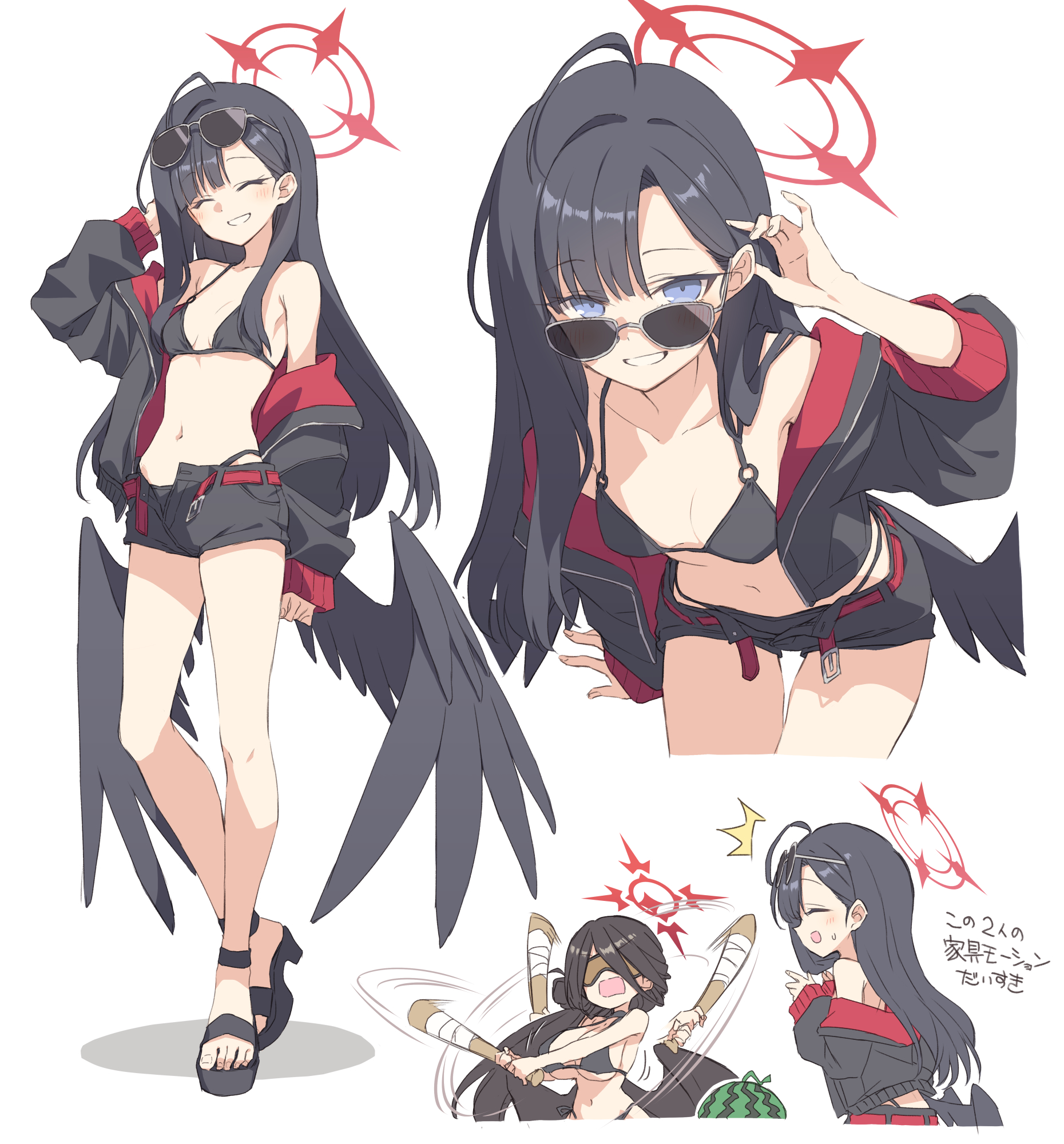 satou kibi, hasumi (blue archive), hasumi (swimsuit) (blue archive), ichika (blue archive), ichika (swimsuit) (blue archive), blue archive, highres, 2girls, bare shoulders, baseball bat, bikini, black bikini, black hair, black jacket, black sandals, black shorts, black wings, blue eyes, blush, breasts, closed eyes, eyewear on head, food, fruit, grin, hair behind ear, halo, holding, holding baseball bat, jacket, large breasts, looking at another, looking at viewer, multiple girls, navel, official alternate costume, official alternate hairstyle, open clothes, open jacket, open mouth, red halo, sandals, short shorts, shorts, smile, stomach, suikawari, sunglasses, sweatdrop, swimsuit, toes, watermelon, wings