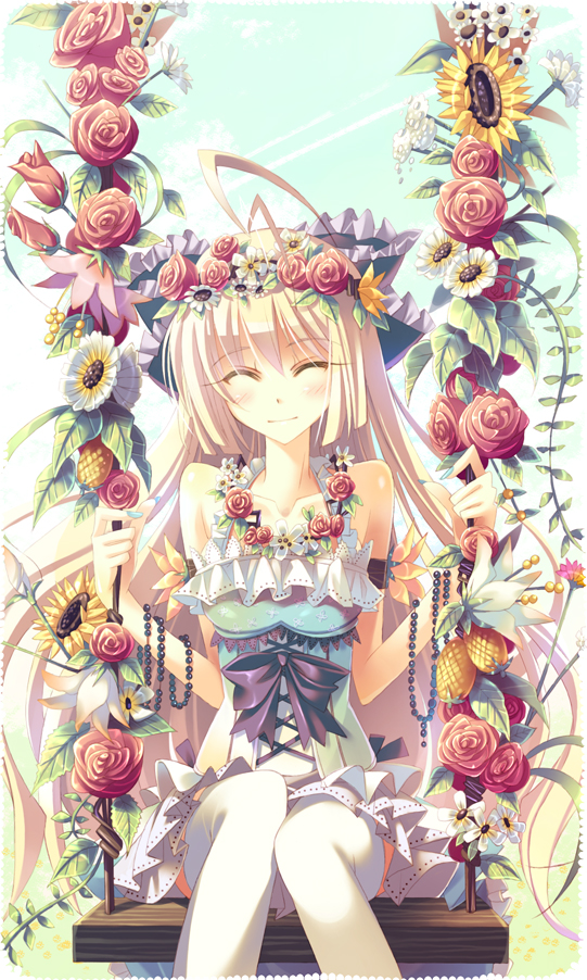 yamadori yoshitomo, original, bad id, bad pixiv id, ^ ^, antenna hair, blonde hair, closed eyes, flower, head wreath, jewelry, long hair, necklace, on swing, sitting, solo, swing, thighhighs, very long hair, white thighhighs