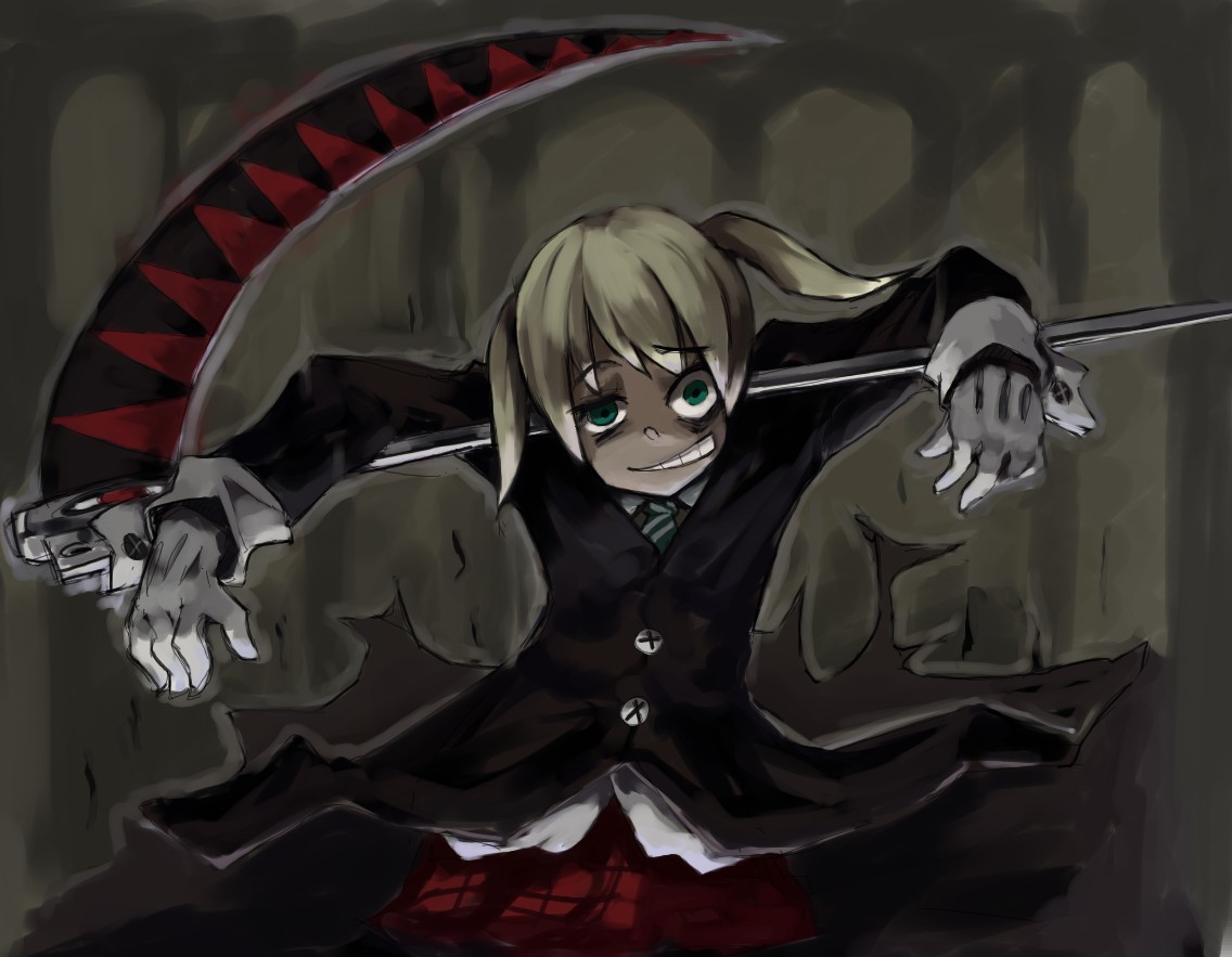 4shi, maka albarn, soul eater, 00s, crazy eyes, plaid clothes, plaid skirt, scythe, skirt, solo, twintails