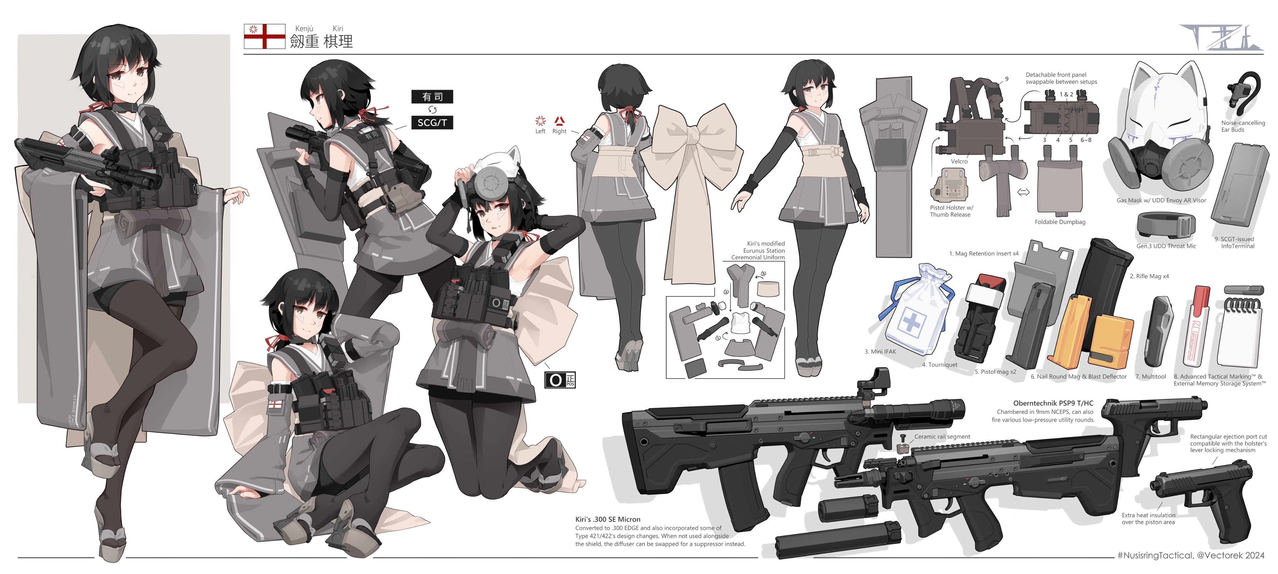 vectorek, absurdres, highres, 1girl, black eyes, black hair, gun, handgun, japanese clothes, kimono, military, nusisring tactical, reference sheet, sandals, short hair, weapon