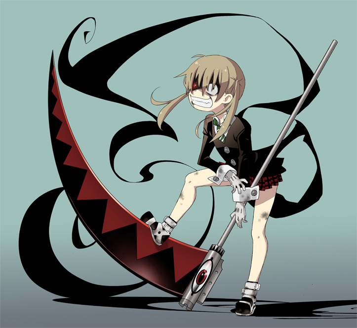 ogata zen, maka albarn, soul eater, 00s, 1girl, crazy eyes, female focus, plaid clothes, plaid skirt, scythe, skirt, solo, twintails