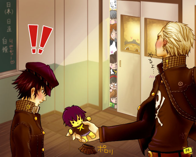 rasneko, amagi yukiko, hanamura yousuke, kujikawa rise, kuma (persona 4), narukami yu, satonaka chie, shirogane naoto, tatsumi kanji, atlus, persona, persona 4, !, !!, 3boys, 4girls, androgynous, blush, character doll, confession, doll, everyone, gakuran, glasses, groucho glasses, hat, multiple boys, multiple girls, newsboy cap, peeking, reverse trap, school uniform, short hair, stuffed toy, voyeurism, wardrobe malfunction