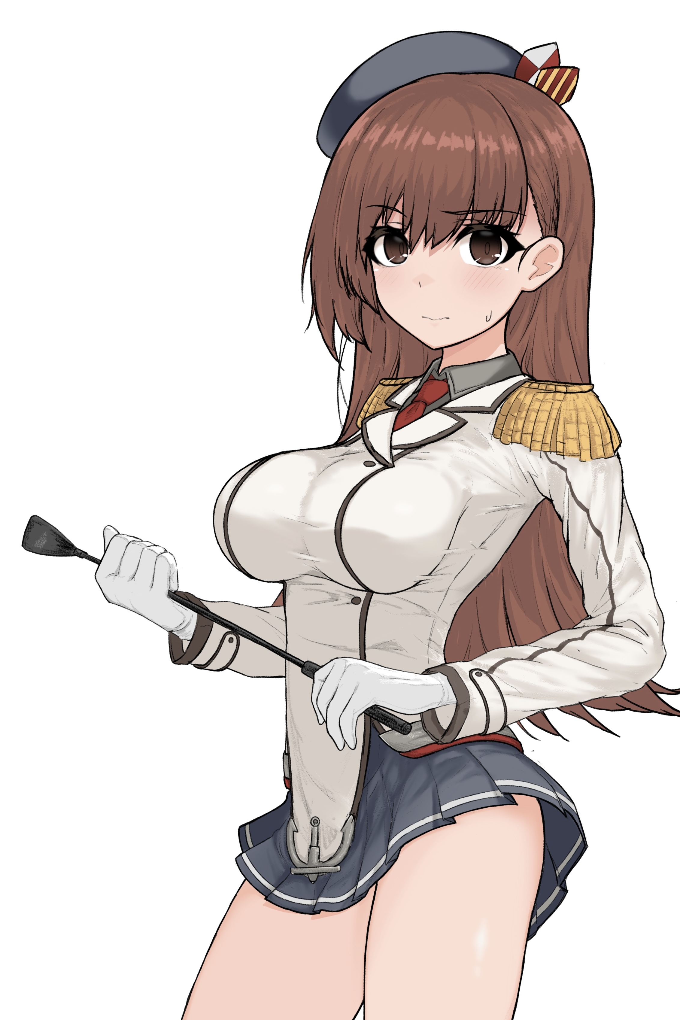 kinakomochi (testament05), kashima (kancolle), ooi (kancolle), kantai collection, absurdres, commentary request, highres, 1girl, beret, black hat, breasts, brown eyes, brown hair, collared shirt, cosplay, cowboy shot, epaulettes, gloves, grey shirt, grey skirt, hat, jacket, kashima (kancolle) (cosplay), large breasts, long hair, military jacket, military uniform, necktie, pleated skirt, red necktie, riding crop, shirt, simple background, skirt, solo, white background, white gloves