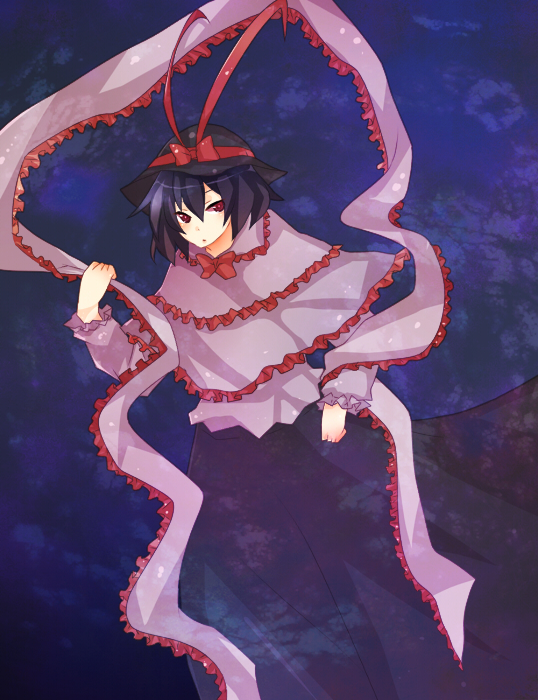 yuhiko, nagae iku, touhou, 1girl, female focus, frills, purple hair, red eyes, ribbon, solo