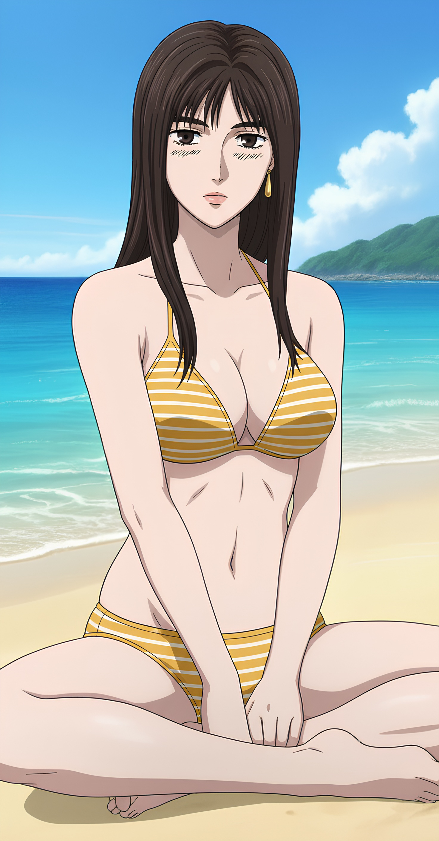 satou mako, initial d, shin gekijouban initial d, 1girl, beach, belly, bikini, blush, bra, breasts, brown eyes, brown hair, cleavage, crossed legs, legs, lipstick, long hair, makeup, medium breasts, midriff, navel, panties, sand, sitting, solo, stomach, swimsuit, thighs, underwear, water, yellow bikini