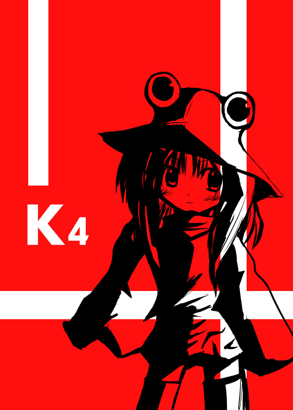 choco chip (ekitai idou), moriya suwako, touhou, 1girl, female focus, hat, high contrast, monochrome, red background, red theme, solo