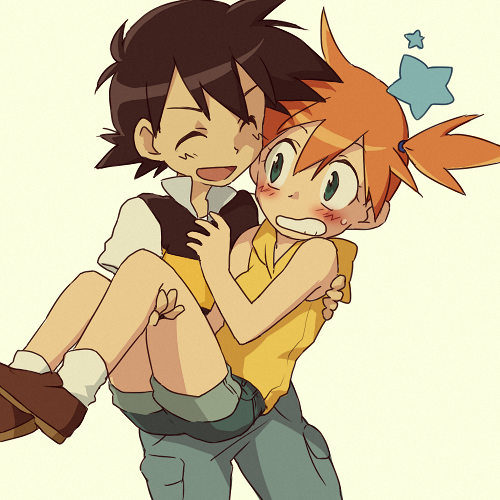 mugime, ochappa, ash ketchum, misty (pokemon), nintendo, pokemon, pokemon (anime), pokemon (classic anime), pokemon dppt (anime), pokemon hs16, lowres, 1boy, 1girl, alternate costume, black hair, blush, carrying, child, closed eyes, denim, green eyes, hood, hoodie, jacket, no headwear, orange hair, princess carry, short hair, shorts, side ponytail, sleeveless, sleeveless hoodie, smile