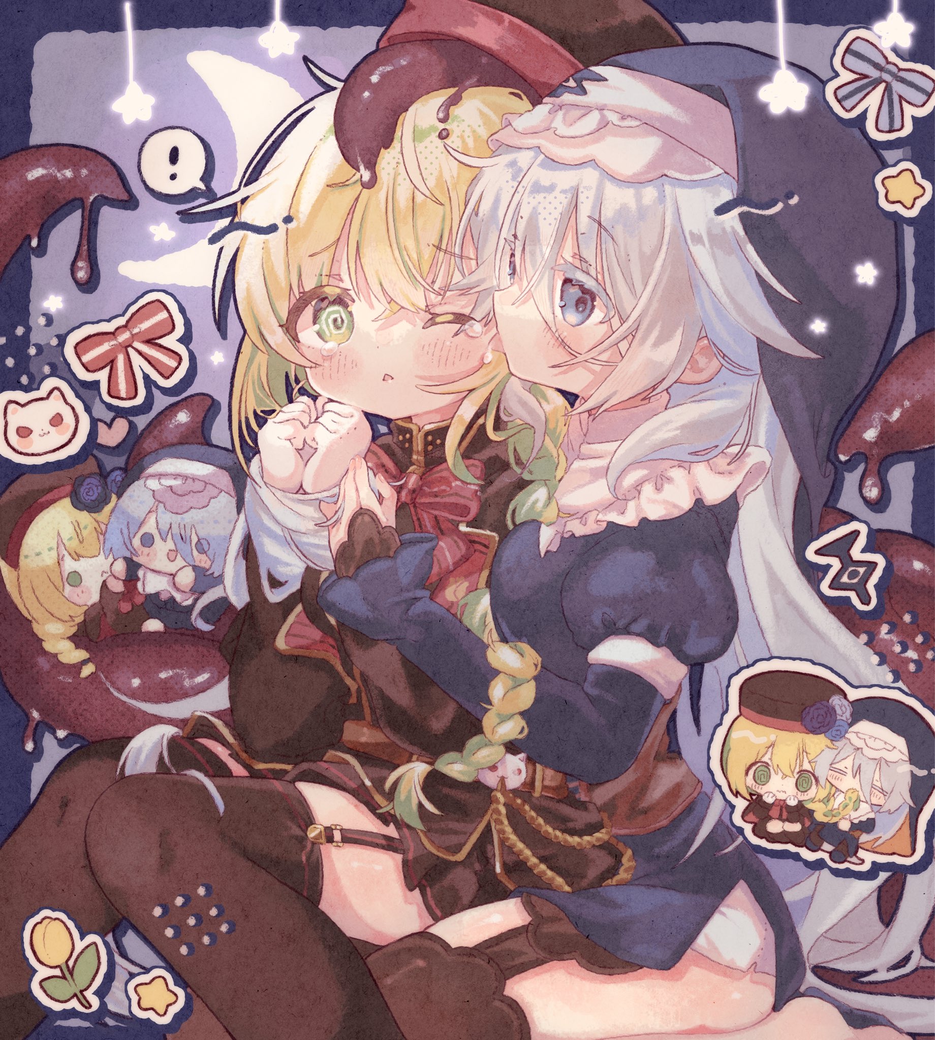 kamizakana iriko, original, commentary, commission, highres, skeb commission, !, 2girls, @ @, blonde hair, blue dress, blue eyes, blue hair, blue veil, blush, borrowed character, brown dress, brown thighhighs, chibi, dress, garter straps, green eyes, green streaks, juliet sleeves, licking, licking another's face, long hair, long sleeves, multicolored hair, multiple girls, one eye closed, open mouth, puffy sleeves, purple background, saliva, sitting, spoken exclamation mark, streaked hair, tentacles, thighhighs, tongue, veil, yuri
