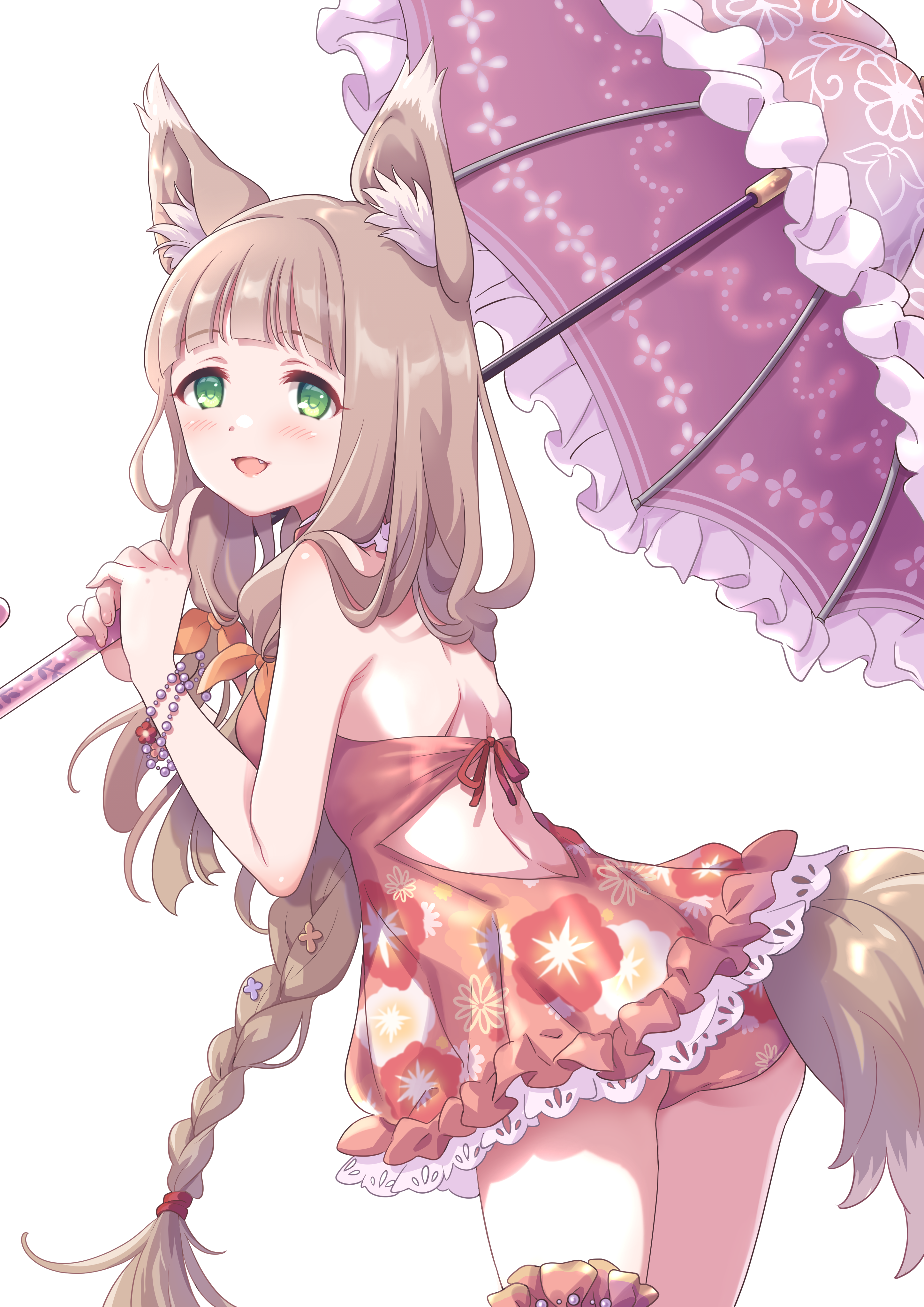 tsukachii, maho (princess connect!), maho (summer) (princess connect!), princess connect!, absurdres, commentary request, highres, 1girl, animal ear fluff, animal ears, bare shoulders, blunt bangs, blush, braid, breasts, brown hair, brown tail, dress, floral print, flower, fox ears, fox girl, fox tail, green eyes, hair flower, hair ornament, headdress, holding, holding umbrella, long hair, looking at viewer, open mouth, orange dress, parasol, red dress, smile, solo, swimsuit, tail, umbrella, very long hair