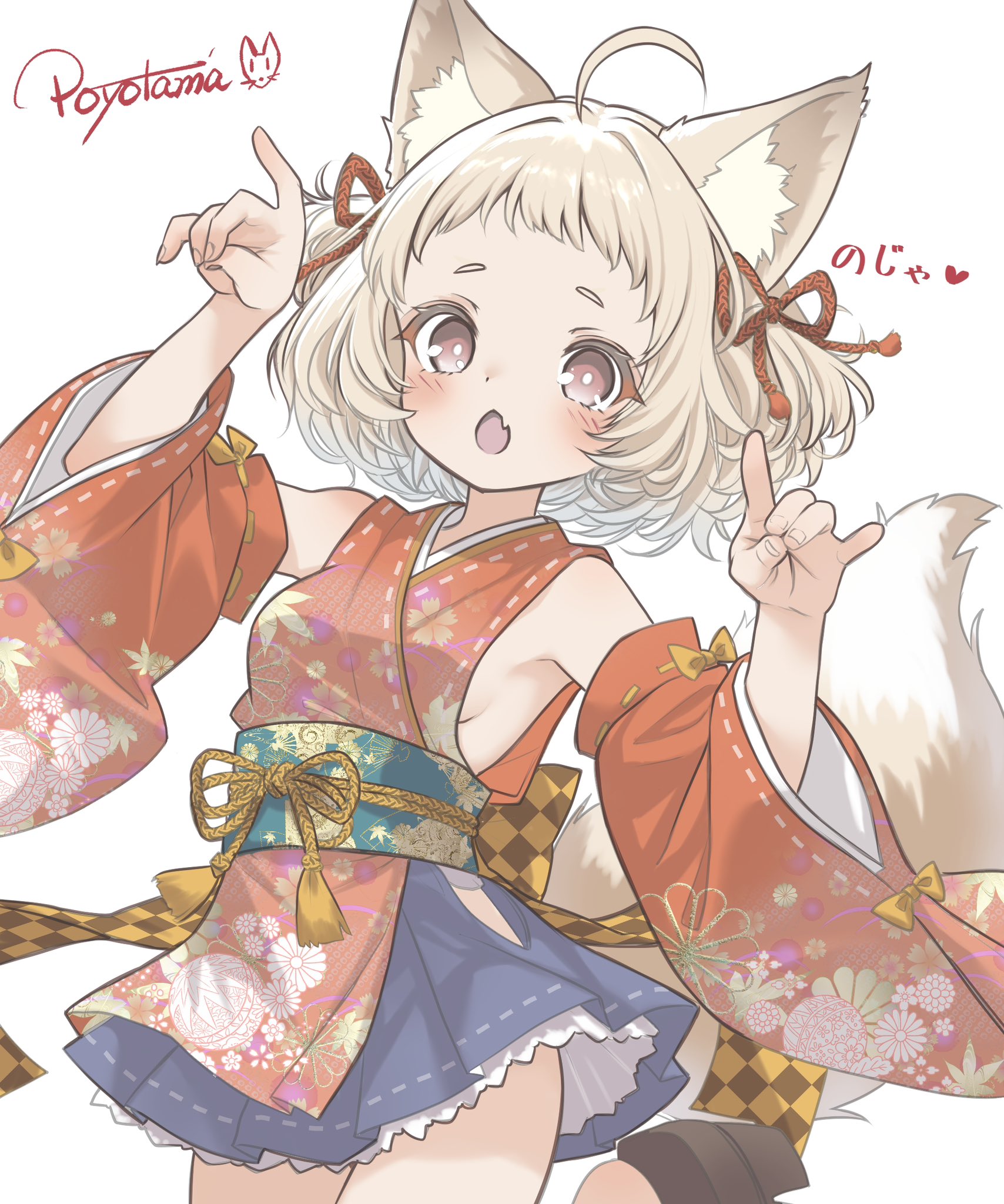 po yo ta ma, original, commentary request, highres, 1girl, :o, ahoge, animal ear fluff, animal ears, blonde hair, blue skirt, bow, breasts, bright pupils, detached sleeves, double fox shadow puppet, fang, floral print, floral print kimono, fox ears, fox girl, fox shadow puppet, fox tail, hair ribbon, japanese clothes, kimono, long sleeves, obi, open mouth, pink eyes, print kimono, red kimono, red ribbon, red sleeves, ribbon, ribbon-trimmed sleeves, ribbon trim, sash, short hair, short kimono, skin fang, skirt, sleeve bow, sleeveless, sleeveless kimono, small breasts, solo, tail, two side up, white pupils, wide sleeves, yellow bow