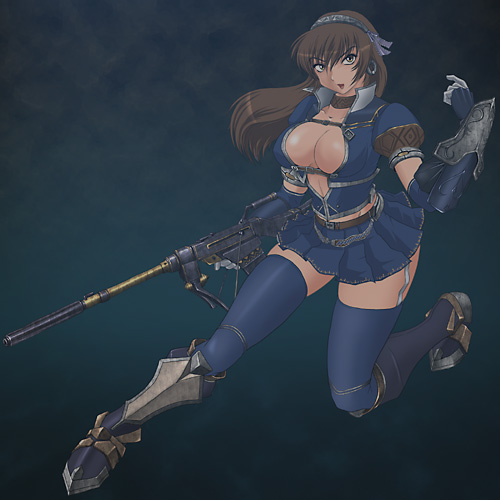 wancozow, capcom, monster hunter (series), monster hunter frontier, lowres, 1girl, armor, azure (armor), belt, blue thighhighs, boots, breasts, brown hair, choker, cleavage, earrings, elbow gloves, fantasy, female focus, full body, gloves, gradient background, gun, hairband, hoop earrings, jewelry, knee boots, large breasts, long hair, midriff, no bra, pleated skirt, rifle, skirt, solo, thighhighs, weapon, zettai ryouiki