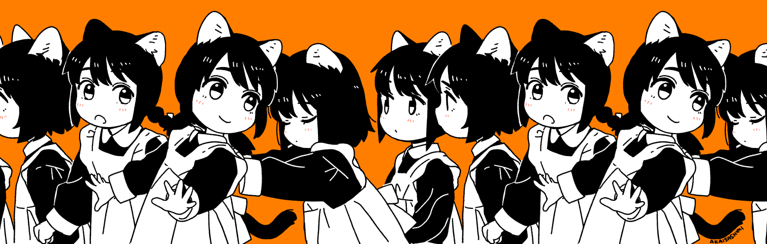 akai sashimi, original, commentary request, revision, 5girls, animal ears, apron, artist name, bob cut, braid, cat ears, cat girl, cat tail, closed eyes, collared dress, dress, greyscale with colored background, long sleeves, looking back, low twintails, monochrome, multiple girls, open mouth, orange background, pushing, simple background, smile, spot color, tail, twin braids, twintails