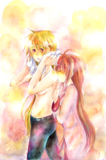 fate testarossa, takamachi nanoha, lyrical nanoha, mahou shoujo lyrical nanoha, mahou shoujo lyrical nanoha strikers, artist request, bad link, 00s, 2girls, ^ ^, black male swimwear, black swim trunks, blonde hair, blush, closed eyes, couple, cowboy shot, crossdressing, crossdressing (ftm), japanese clothes, kimono, long hair, long sleeves, male swimwear, multiple girls, red eyes, standing, swim trunks, swimsuit, topless female, towel, very long hair