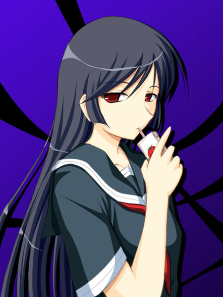 yuku (kiollion), kamura reiri, kaibutsu oujo, kodansha, 00s, 1girl, black hair, black serafuku, drinking, drinking straw, female focus, long hair, looking at viewer, red eyes, school uniform, serafuku, short sleeves, solo, upper body, very long hair