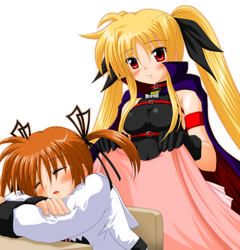 fate testarossa, takamachi nanoha, lyrical nanoha, mahou shoujo lyrical nanoha, mahou shoujo lyrical nanoha a's, 00s, 2girls, :o, armlet, bare shoulders, blanket, blonde hair, blush, breasts, brown hair, chair, covering with blanket, dress, jewelry, long hair, long sleeves, multiple girls, parted lips, red eyes, skin tight, sleeping, table, twintails, very long hair, white dress