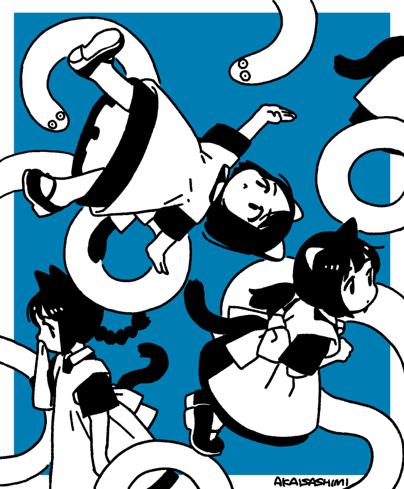 akai sashimi, original, commentary request, 3girls, animal ears, apron, artist name, blue background, border, braid, cat ears, cat girl, cat tail, closed mouth, dress, greyscale with colored background, long hair, mary janes, multiple girls, outside border, shoes, short hair, short sleeves, single braid, tail, white border