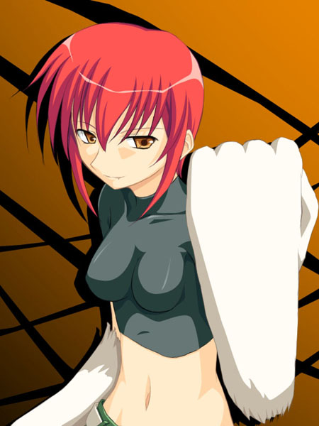yuku (kiollion), riza wildman, kaibutsu oujo, kodansha, 00s, animal hands, babydoll t-shirt, crop top, fang, midriff, red hair, smile, solo, yellow eyes