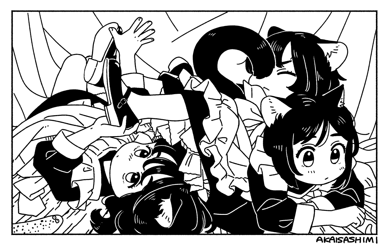 akai sashimi, original, commentary request, 3girls, animal ear fluff, animal ears, apron, border, cat ears, cat girl, cat tail, closed eyes, closed mouth, dress, greyscale, long sleeves, mary janes, monochrome, multiple girls, shoes, short hair, tail