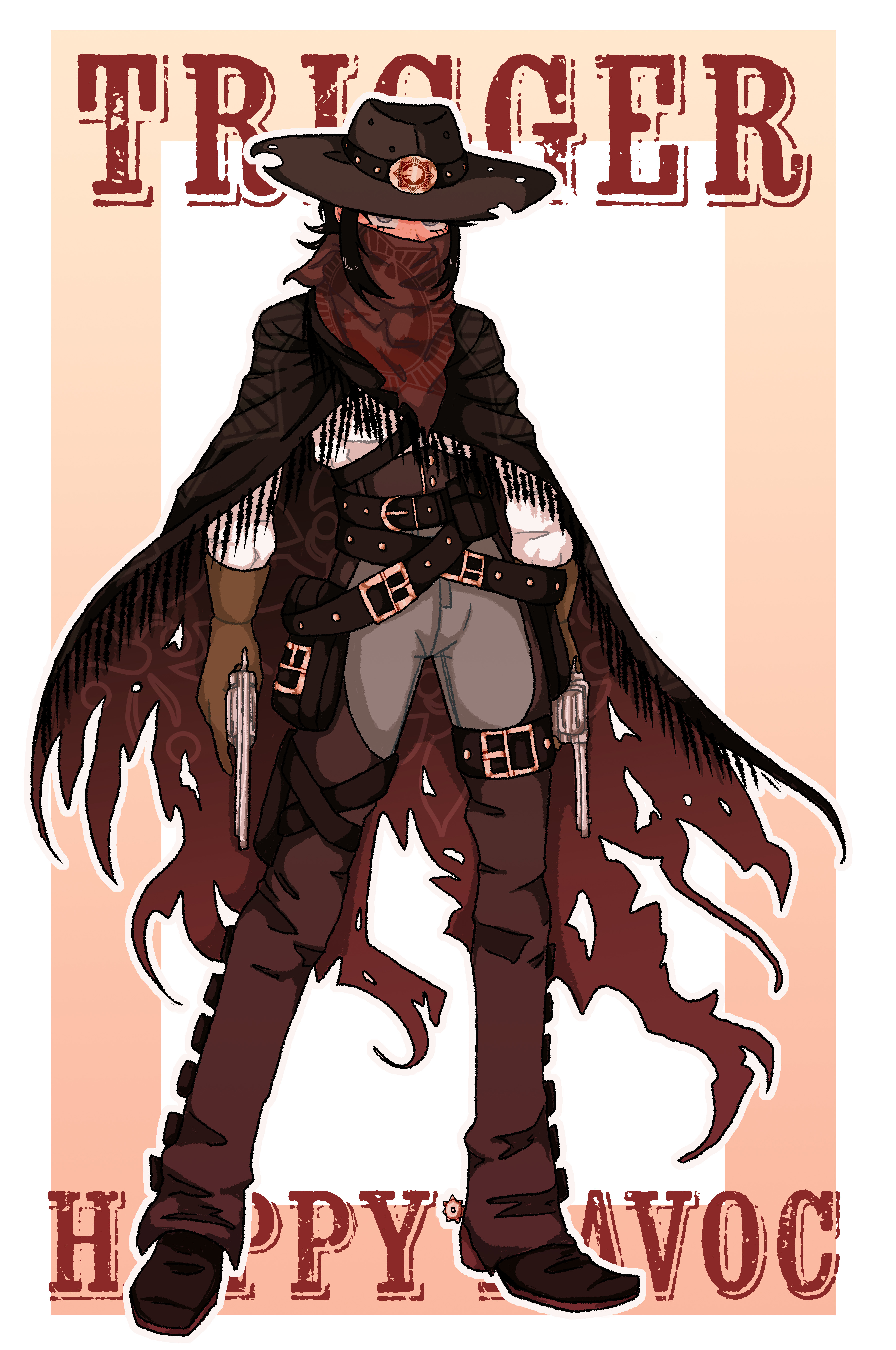 princescar, ikusaba mukuro, danganronpa: trigger happy havoc, danganronpa (series), absurdres, commentary, english commentary, highres, 1girl, alternate costume, bandana, bandana over mouth, belt, black hair, brown belt, brown gloves, brown hat, brown pants, brown poncho, brown shoes, copyright name, cowboy hat, cowgirl (western), dual wielding, eyelashes, freckles, full body, gloves, gun, handgun, hat, holding, holding gun, holding weapon, long sleeves, outline, pants, red bandana, revolver, shirt, shoes, short hair, sidelocks, solo, spurs, too many, too many belts, torn clothes, torn hat, weapon, white outline, white shirt