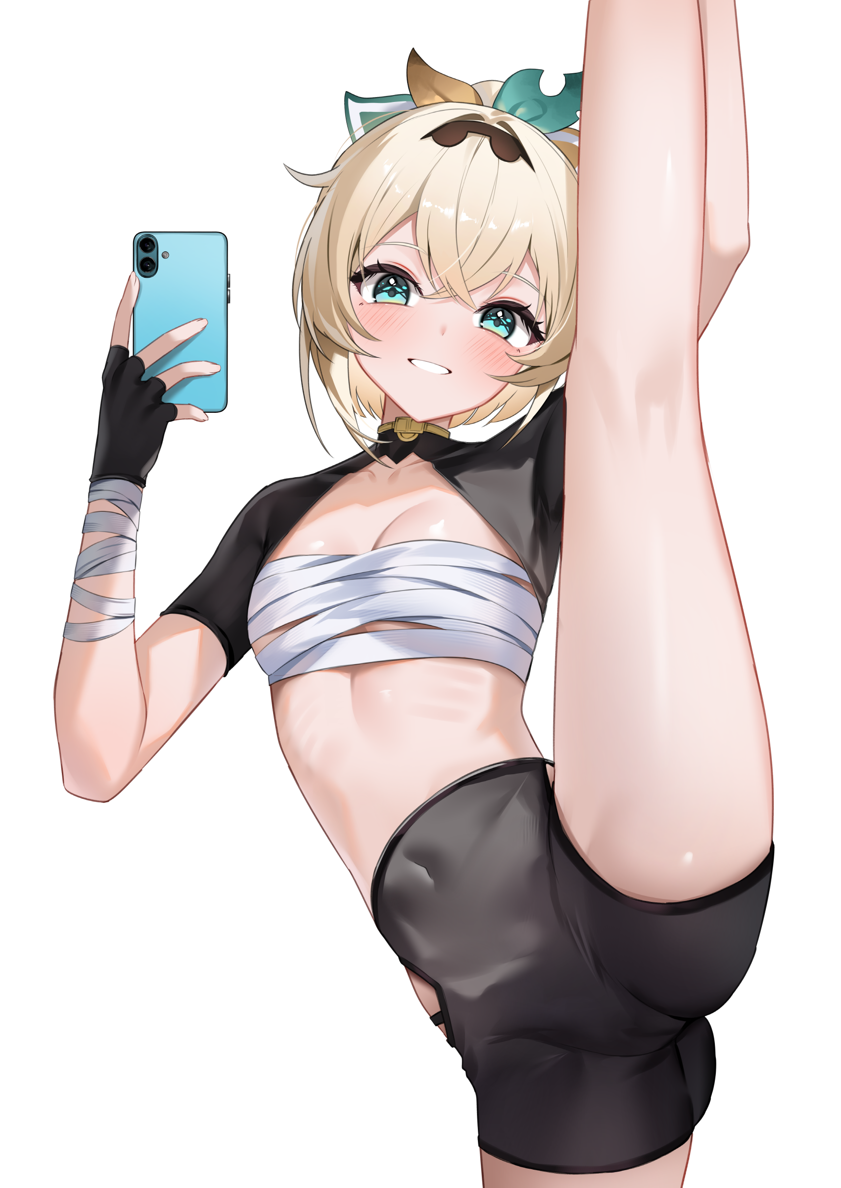 shuvi (shuvi1125), kazama iroha, kazama iroha (1st costume), hololive, absurdres, highres, 1girl, aqua eyes, bike shorts, black gloves, black hairband, black shorts, black shrug, blonde hair, blush, breasts, cameltoe, chest sarashi, clothing cutout, covered navel, fingerless gloves, gloves, grin, hairband, high-waist shorts, holding, holding own leg, holding phone, leg up, looking at viewer, phone, sarashi, short shorts, shorts, shrug (clothing), side cutout, simple background, small breasts, smile, solo, split, standing, standing on one leg, standing split, white background