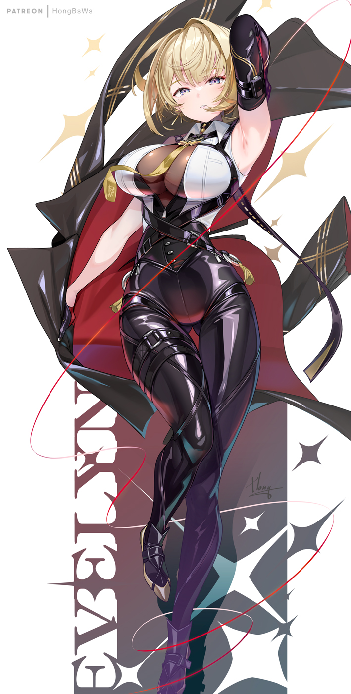 hong (white spider), evelyn chevalier, zenless zone zero, commentary request, highres, 1girl, arm behind head, armpits, black jacket, black pants, blonde hair, blue eyes, breasts, character name, jacket, large breasts, looking at viewer, necktie, pants, patreon username, shirt, short hair, sleeveless, sleeveless shirt, solo, standing, yellow necktie