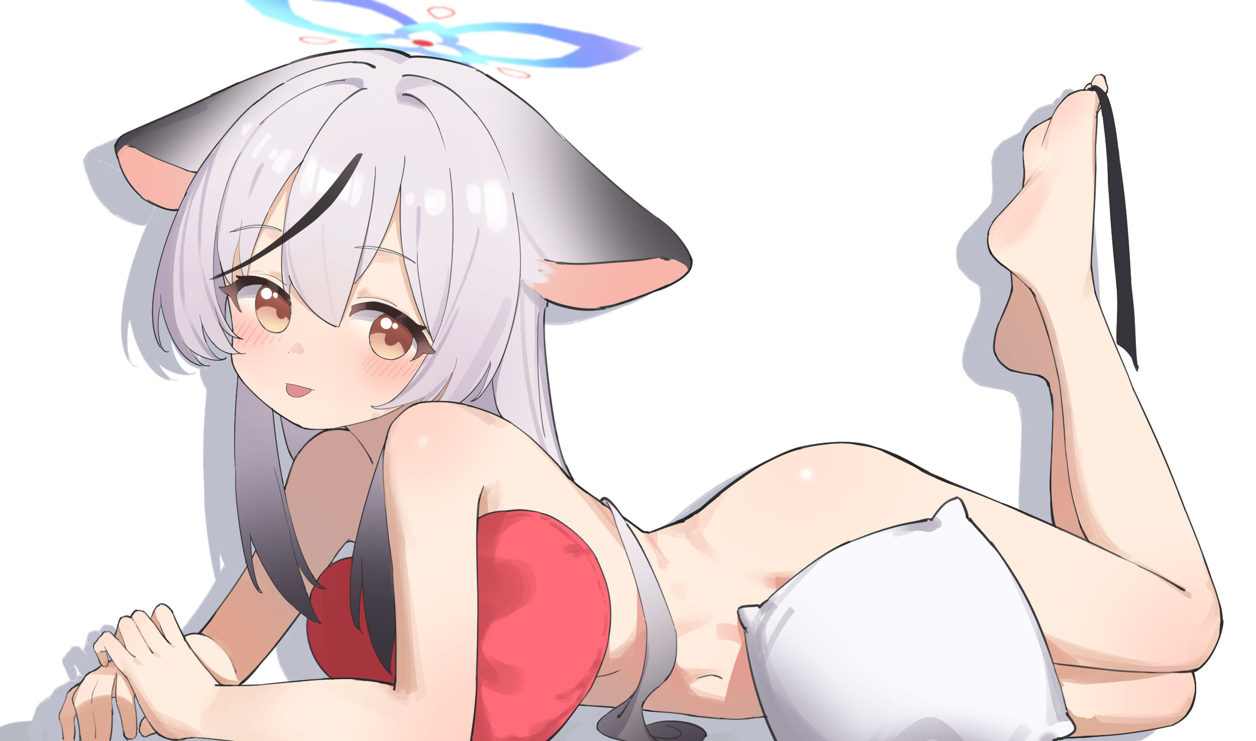 biluoyao, kokona (blue archive), blue archive, highres, 1girl, :p, animal ears, brown eyes, completely nude, convenient censoring, feet up, gradient hair, grey hair, halo, long hair, looking at viewer, lying, multicolored hair, navel, nude, on side, pillow, simple background, tiger ears, tiger girl, tongue, tongue out, white background