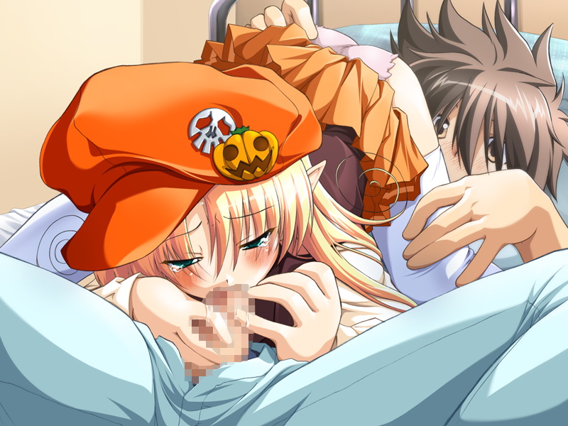 ozawa akifumi, hayase hibiki, melissa seraphy, waga mama capriccio, hand on leg, game cg, 1boy, 1girl, 69, aqua eyes, bed, blonde hair, blush, brown hair, censored, clothes lift, demon girl, fellatio, flat chest, girl on top, handjob, hat, hetero, jack-o'-lantern, maid, mosaic censoring, newsboy cap, oral, panties, penis, pink panties, pointy ears, pumpkin, school uniform, skirt, skirt lift, tears, thighhighs, underwear, white thighhighs