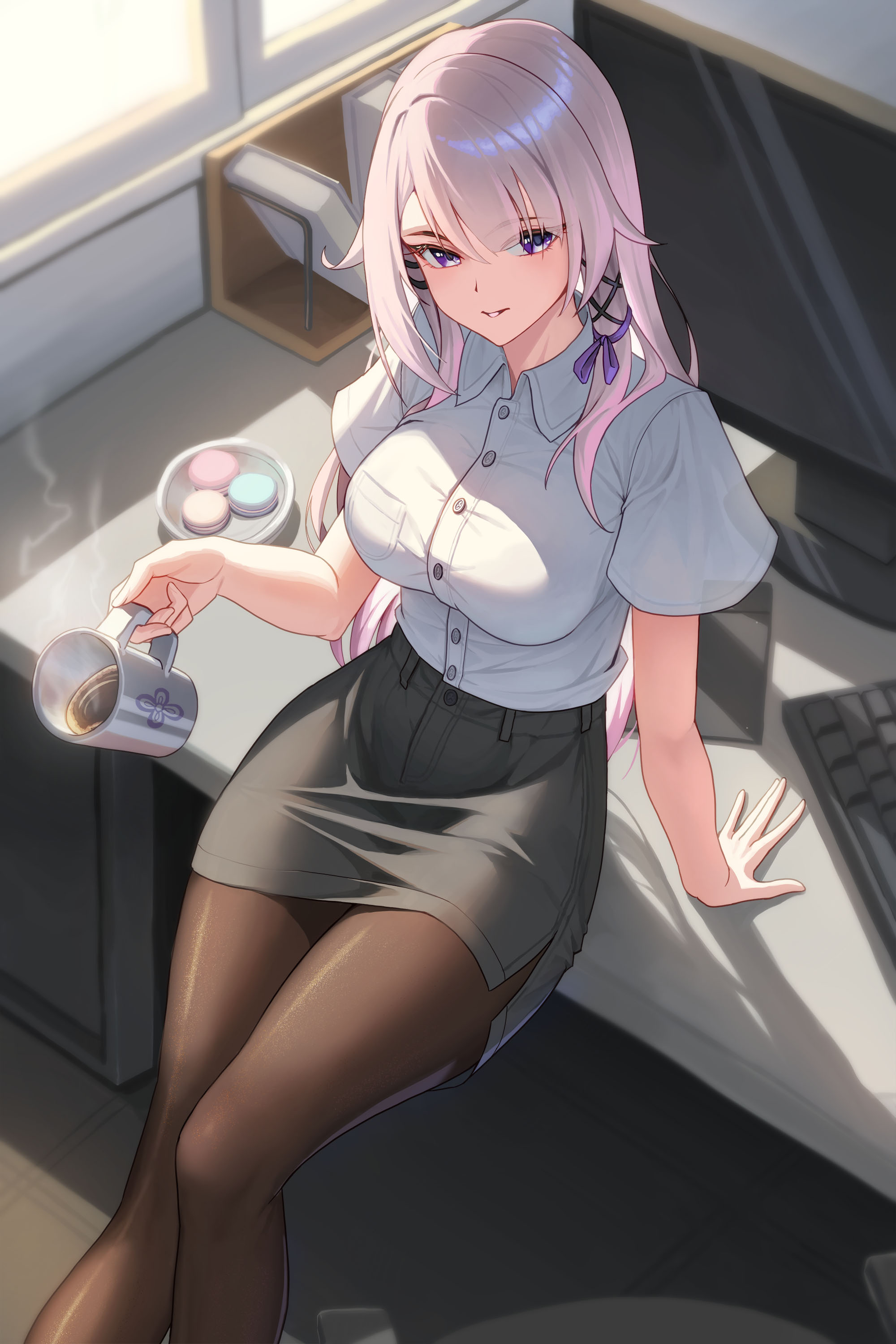 bowlp, herta (honkai: star rail), the herta (honkai: star rail), honkai: star rail, honkai (series), absurdres, highres, revision, 1girl, alternate costume, arm support, black pantyhose, black skirt, breasts, cup, desk, grey hair, holding, holding cup, large breasts, long hair, monitor, office, office lady, on desk, pantyhose, parted lips, pencil skirt, purple eyes, shirt, sitting, skirt, solo, white shirt
