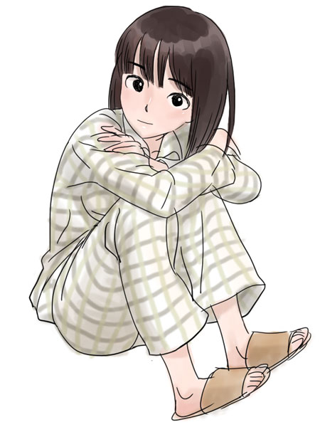 original, plaid, derivative work, 1girl, black eyes, brown hair, female focus, looking at viewer, pajamas, short hair, simple background, sitting, slippers, solo, white background