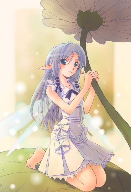 1girl, barefoot, blurry, depth of field, dress, fairy, female focus, flower, hair ribbon, kneeling, leaf, light particles, long hair, mini person, minigirl, parted lips, pointy ears, purple hair, ribbon, sidelocks, solo, wings